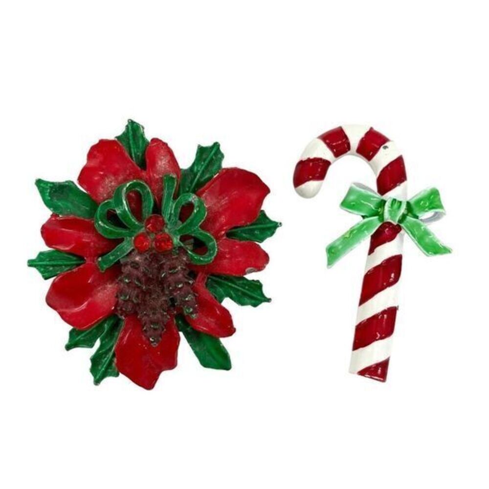 Vintage 1950s Christmas Poinsettia and Candy Cane Enamel Brooch Lot
